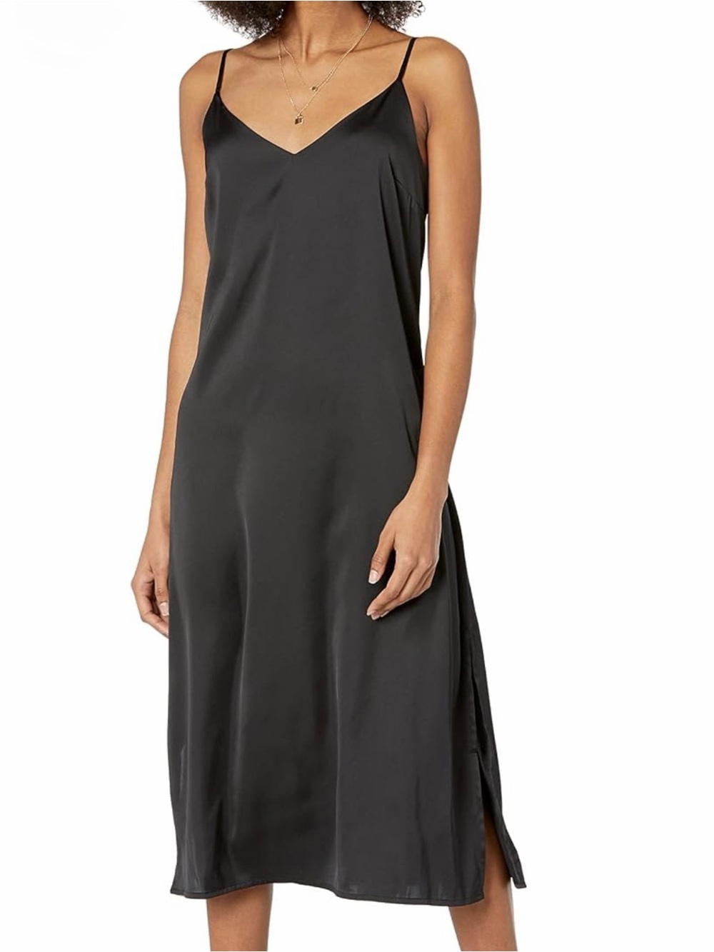 The Drop Ana Black Satin Slip Chemise with Delicate Spaghetti Straps